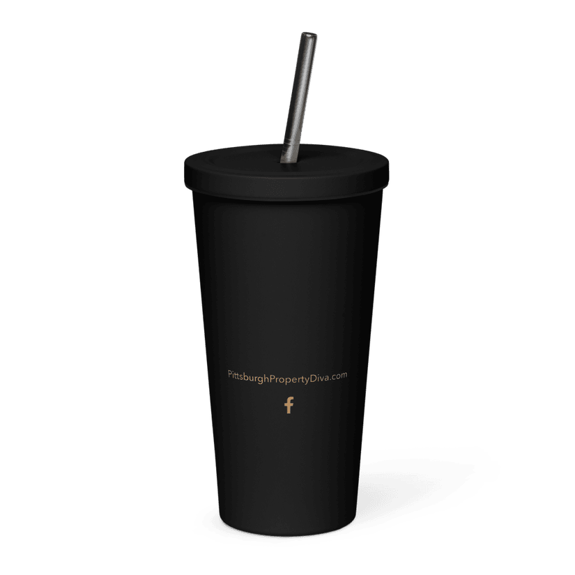Property Diva Copper Crest Tumbler — back with website and Facebook icon